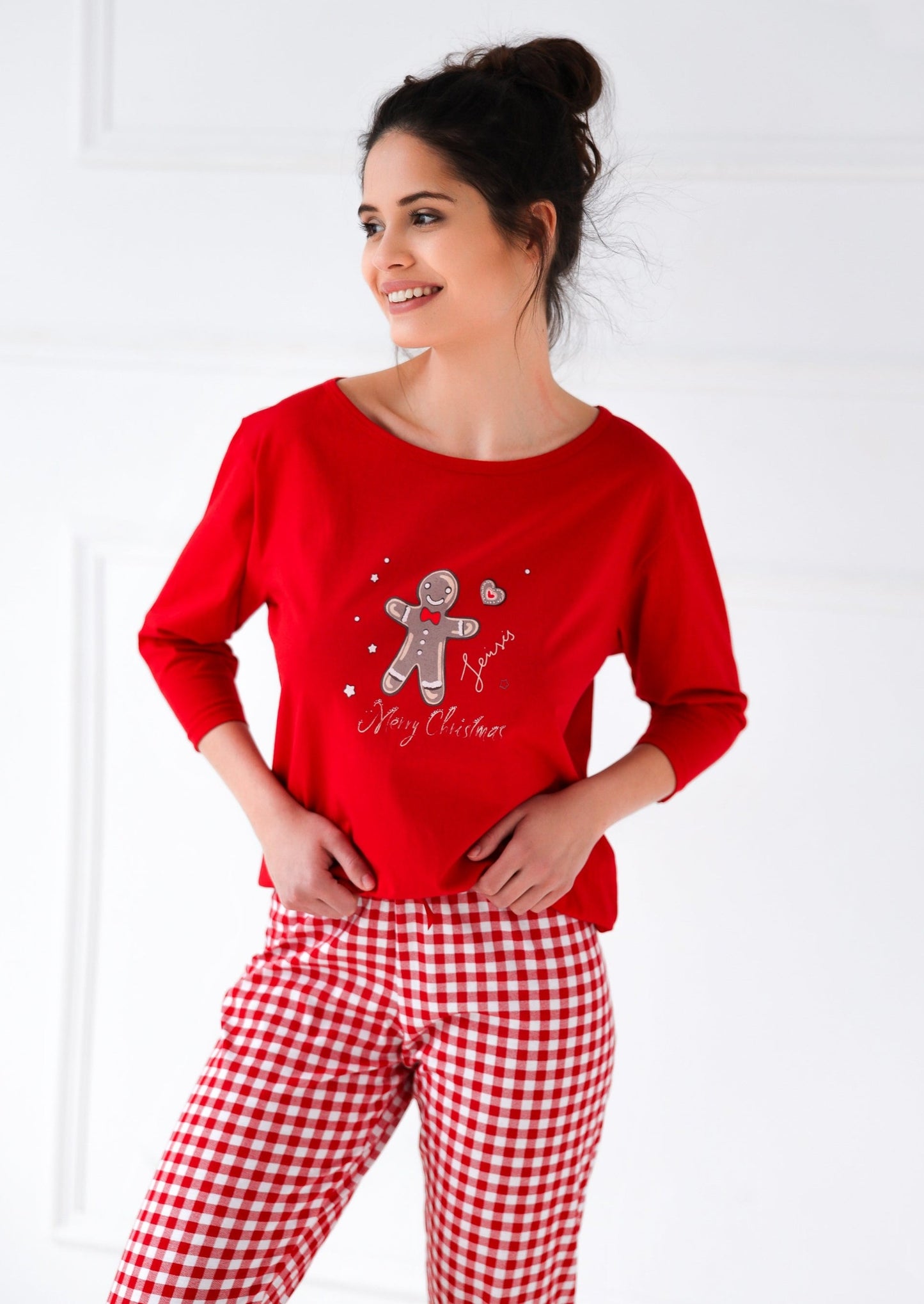 WEIHNACHTSPLÄTZCHEN – Pyjama mit Gingham-Hose, 3/4-Ärmel, 100 % Baumwolle