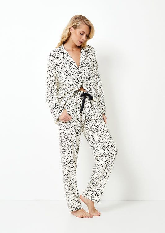 Elégant pyjama femme chic, pyjama à pois, pyjama blanc avec poche, pyjama en viscose douce, pyjama chemise et pantalon